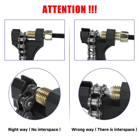 Front and side view of CILOYU motorcycle chain breaker tool, black metal with gold bolt for #420–530 chains.