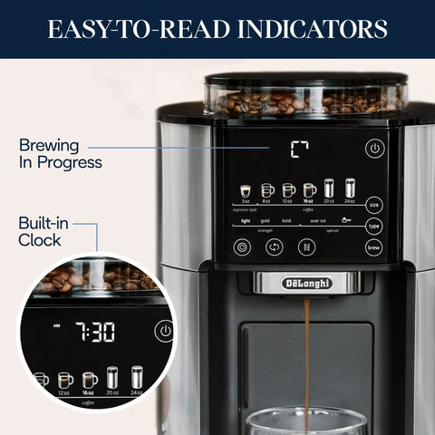 Close-up of True Brew Drip Coffee Maker With Built In Grinder And Single Serve Function Brew 8 Oz To 24 Oz Hot Or Iced Coffee Stainless Steel CAM51025MB showing brewing indicators.