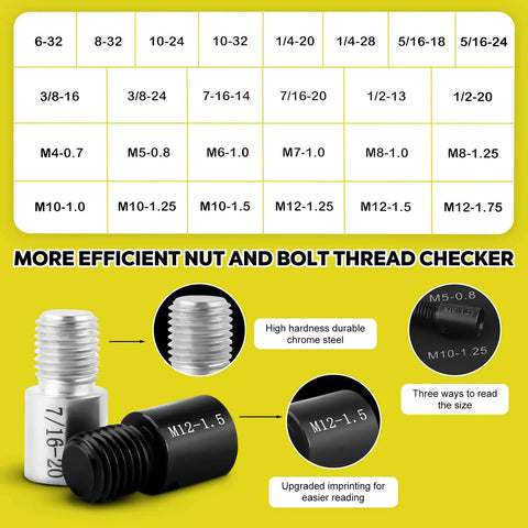 Nut And Bolt Thread Gauge Set With 14 Inch And 12 Metric Sizes for quick detection in tight spaces, shown with size chart.