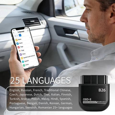 Bluetooth OBD2 Scanner For IOS And Android With Bluetooth 5.1 No Subscriptions shown with app interface and 25 language options in car