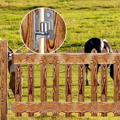 Wall Mount Gate Hinges For Farm And Outdoor Fences, One Piece No Weld Chain Link Fence Hardware visible on wooden gates