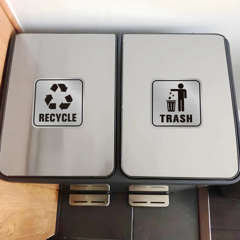 2 Pack Brushed Silver Trash And Recycling Stickers With Self Adhesive Waterproof Backing For Kitchen Office Indoor And Outdoor Trash Cans Premium Glossy Finish Easy To Peel And Apply on metal bins