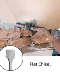 Cididu 17-piece carbide-tipped masonry drill bit and flat chisel set; side view of worker using a rotary hammer on brick