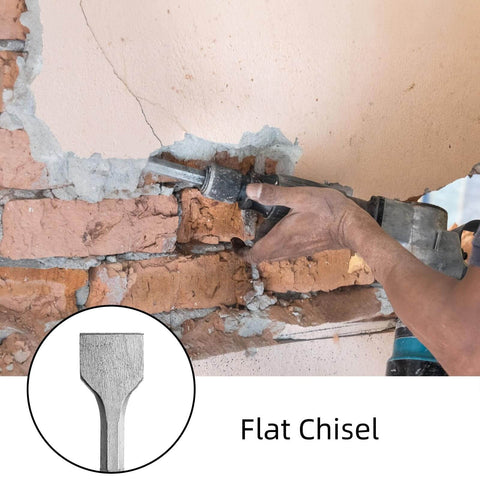 Cididu 17-piece carbide-tipped masonry drill bit and flat chisel set; side view of worker using a rotary hammer on brick