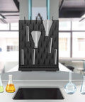 AngelcityCC 52-Peg Lab Glassware Drying Rack Pegboard Wall-Mount with test tubes and flasks neatly organized.