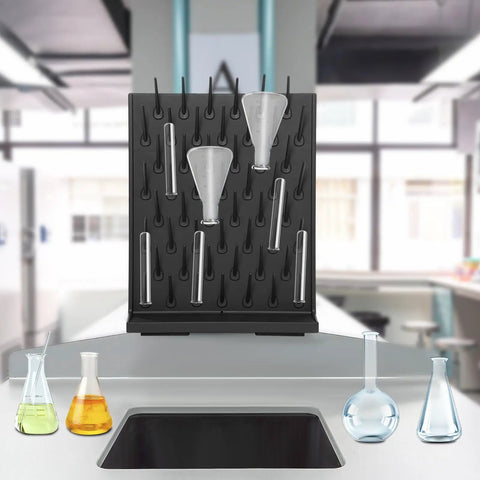 AngelcityCC 52-Peg Lab Glassware Drying Rack Pegboard Wall-Mount with test tubes and flasks neatly organized.