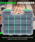 Must Have Dual Side 34 Compartment Hardware Organizer Box With Removable Dividers And Transparent Lid, front view held by handle.