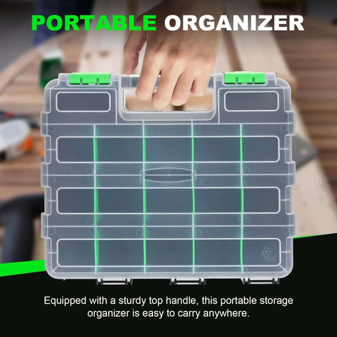 Must Have Dual Side 34 Compartment Hardware Organizer Box With Removable Dividers And Transparent Lid, front view held by handle.