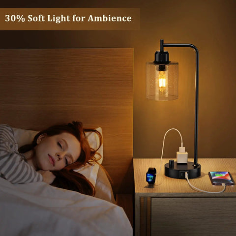 Bedside Table Lamp With USB C Charging Port And Outlets Fully Stepless Dimmable Black Desk Lamp With Glass Shade by a bed