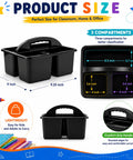 Six Pack Black Classroom Caddies With Three Compartment Plastic Storage Bins, showing size dimensions and comfort-grip handle.