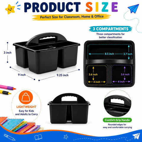Six Pack Black Classroom Caddies With Three Compartment Plastic Storage Bins, showing size dimensions and comfort-grip handle.
