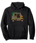 Dope Pakistani Truck Art Urdu Graphic Pullover Hoodie With Bright Lahore Rickshaw Printing displayed on a black background.