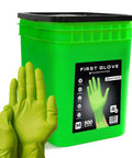 Beefy Eight Mil Green Nitrile Gloves Bulk Bucket Five Hundred Count Extra Large raised diamond textured gloves in a green bucket.