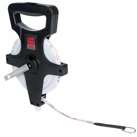 Open Reel Measuring Tapes With Durable Hand Crank And Metal Spike, Dual Sided Feet And Meters, 100 Feet or 30 Meters, Fiberglass