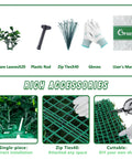 Accessories for Artificial Boxwood Roll Panels 48x120 Inches, including spare leaves, zip ties, and gloves for DIY installation.