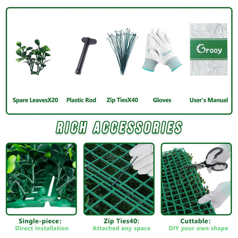 Accessories for Artificial Boxwood Roll Panels 48x120 Inches, including spare leaves, zip ties, and gloves for DIY installation.
