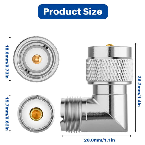 Right Angle UHF PL259 To Female Coax Adapters, 2 Pack, 90 Degree L Shape Connector dimensions and details.