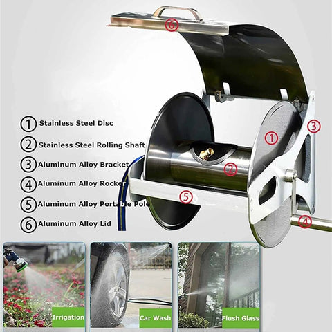 Smooth As Butter Wall Mounted Retractable Garden Hose Reel With Heavy Duty Stainless Steel Cart For Easy 30 Meter Storage, showing steel components.