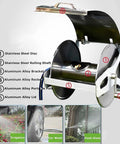 Heavy Duty Retractable Garden Hose Reel Wall Mounted Stainless Steel Cart, showing components like stainless steel disc and shaft.