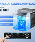 Self-cleaning function of Top Notch Portable Ice Maker Creating Nine Bullet Cubes In Six Minutes, Slays Summer Heat With Twenty Six Pounds Daily.