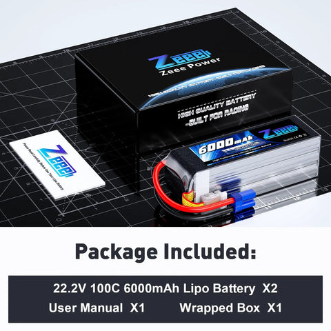 6S Lipo Battery 6000mAh 22.2V 100C EC5 Soft Pack RC Battery for RC Cars Trucks Planes Helicopters Quadcopters and Boats Two Pack