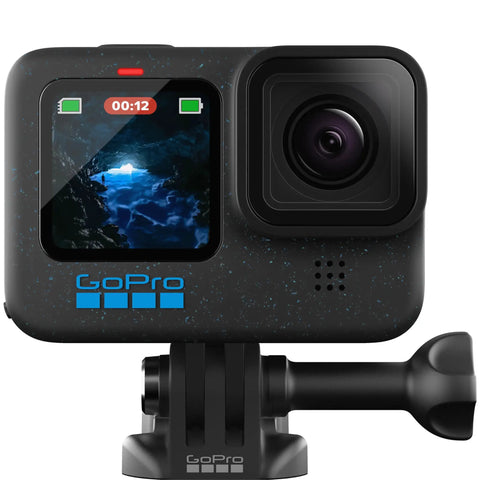 Premium Waterproof Action Camera Bundle With 5.3K60 Video And 27Mp Photos showing front view of camera with display.