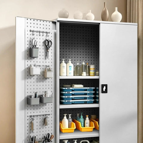Rock Solid Industrial Rolling Tool Storage Cabinet With Thick Reinforced Drawers Built Like A Tank For Pro Trades, open with shelves and tools organized.