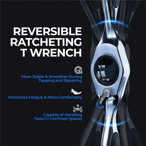 Close-up of Reversible Ratcheting T Handle Tap Wrench showing smooth action mechanism for auto technicians.