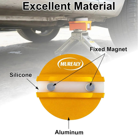 Universal Aluminum Magnetic Jack Pad with 0.4 Inch Weld Slots Pinch Weld Frame Rail Adapter in use on car jack