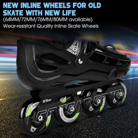 Close-up of inline skate with 80mm wheels and ABEC9 bearings, showcasing durability and performance on a city road.