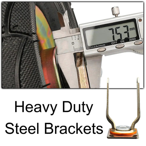 Premium Pneumatic Rubber Caster Wheels Featuring Heavy Duty Swivel Brakes For Back Breaking Carts And Tool Dollies Gotta Roll Slick Outdoors close-up measurement of steel bracket size 75.73mm.