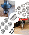 Top Mounted Router Bit Bearings Accessory Kit with Ball Bearing Guide shown in woodworking applications, set components displayed