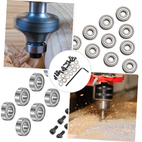 Top Mounted Router Bit Bearings Accessory Kit with Ball Bearing Guide shown in woodworking applications, set components displayed