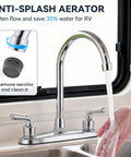 Heavy Duty All Metal RV Kitchen Faucet With Chrome Finish showing anti-splash aerator and smooth water flow.