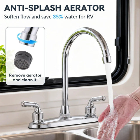 Heavy Duty All Metal RV Kitchen Faucet With Chrome Finish showing anti-splash aerator and smooth water flow.