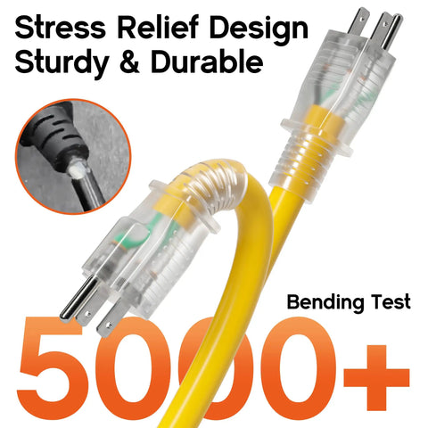 Tough As Nails 50 Foot Outdoor Extension Cord With Lighted End Yellow 12 Gauge Waterproof, showing stress relief design and bend test