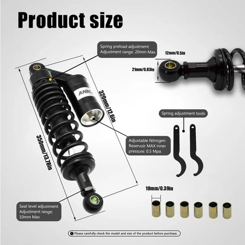 Product size diagram of Pair 320mm Motorcycle Shocks Universal Rear Air Shock Absorbers For Off Road Bikes Street Bikes ATVs 150cc-750cc Center Distance Fit Check Heavy Duty Performance Beef Up Your Ride.