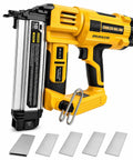 Heavy Duty Cordless Two In One Brad Nailer And Stapler Set for Woodworking and Trim Work, showing tool and staples.