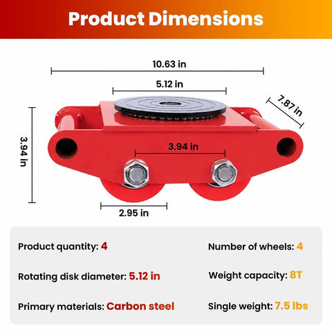 Heavy Duty Machine Skates 4-Pack Move Massive Loads With Ease. Dimensions showing carbon steel dolly with rotating disk and wheels.