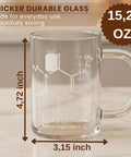 Caffeine Molecule Beaker Mug With Handle, Clear Glass Measuring Cup Coffee Cup, Durable Science Themed Glassware, 15.2 oz size.