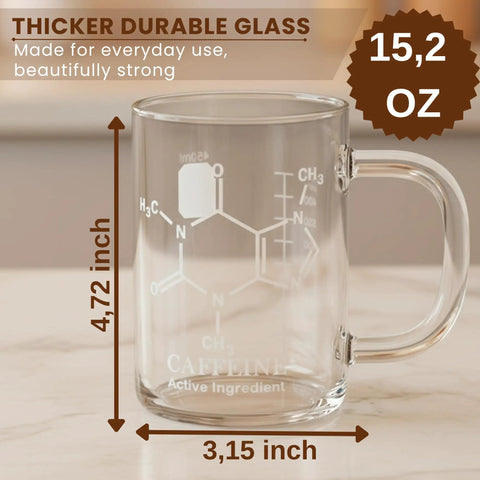 Caffeine Molecule Beaker Mug With Handle, Clear Glass Measuring Cup Coffee Cup, Durable Science Themed Glassware, 15.2 oz size.