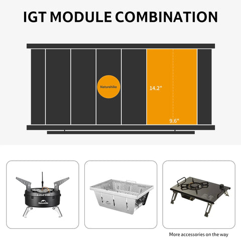Height Adjustable IGT Camping Table With Detachable Edge Mount For Extra Storage, module combination with accessories shown