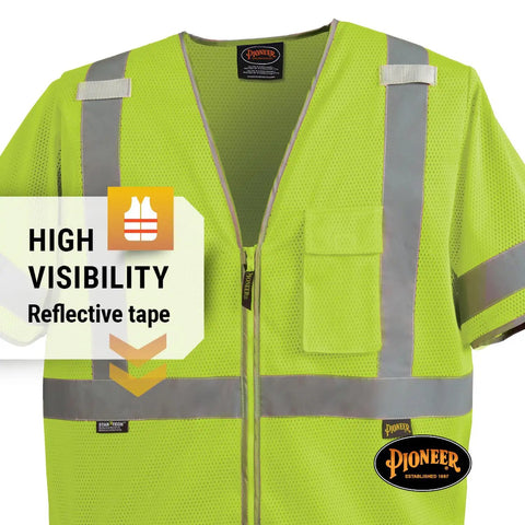 High Visibility Sleeved Mesh Safety Vest With Brilliant Reflective Tape And Utility Pockets Class 3 showing zipper and chest pocket.