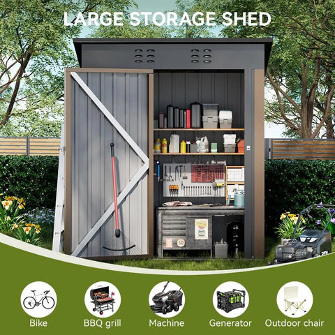 Durable Metal Outdoor Shed With Lockable Doors And Sloped Roof Air Vent 5x3 Ft Brown Garden Tool Storage with open door