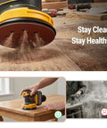 Five Inch Brushless Cordless Random Orbital Sander Cranks Out Twelve Thousand Opm smoothing wood, showing dust collection in action.