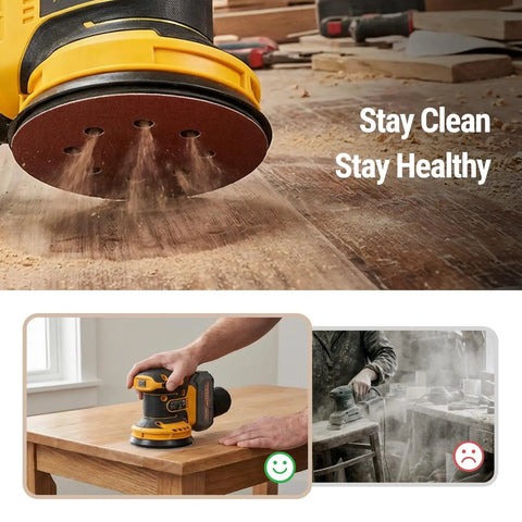 Five Inch Brushless Cordless Random Orbital Sander Cranks Out Twelve Thousand Opm smoothing wood, showing dust collection in action.
