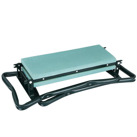 Foldable Garden Kneeler Seat With Tool Pouch, Portable Garden Bench With EVA Foam Padded Kneeling Pad, folded view with metal frame.