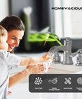 A mother and child using an 8 inch widespread bathroom faucet with three holes and two handles in dope brushed nickel finish.