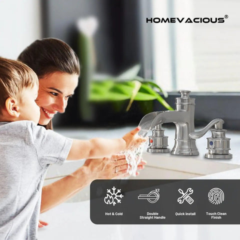 A mother and child using an 8 inch widespread bathroom faucet with three holes and two handles in dope brushed nickel finish.
