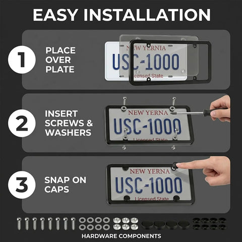 Easy installation guide for Clear Gray License Plate Frames With Anti Glare Vision Built Tough ABS Rustproof 2 Pack